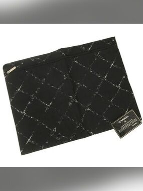CHANEL Black Quilted-Print Zip Pouch with White Detailing